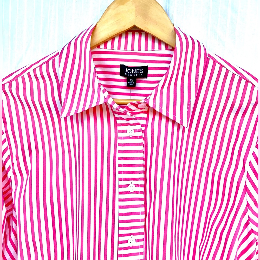 NWT Jones New York Cotton Pink and White Striped Button Down Shirt Preppy Modern